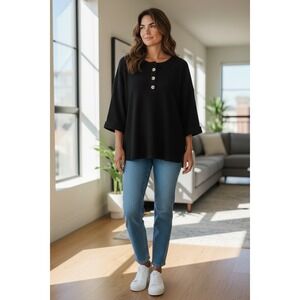 Andree By Unit Womens‎ Top XL Black Waffle Knit 3/4 Sleeve Button Up Blouse